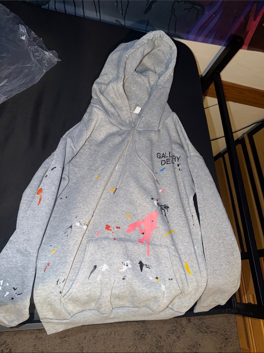 Gallery Dept Gray Mens Hoodie with Multicolor Paint Splatter